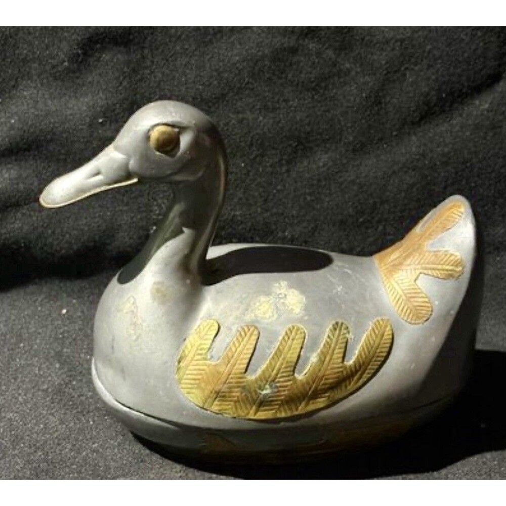 Vintage Pewter & Brass Duck Trinket Dish – Lidded Metal Bird Jewelry Box MCM